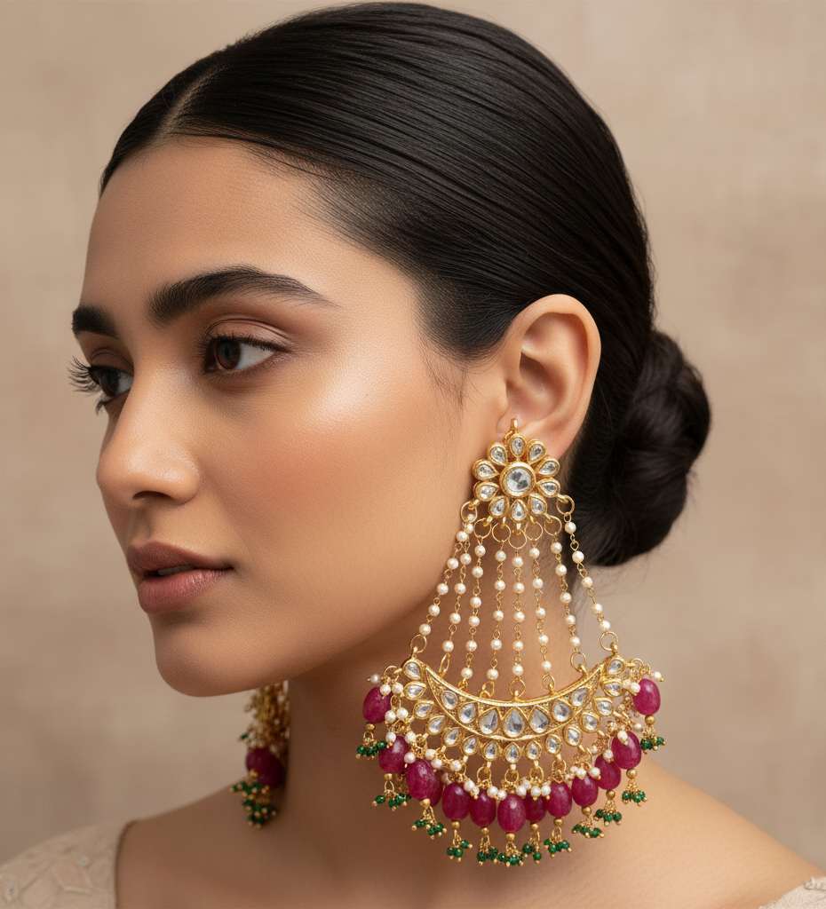 Pink Long Kundan Chandbali Earrings