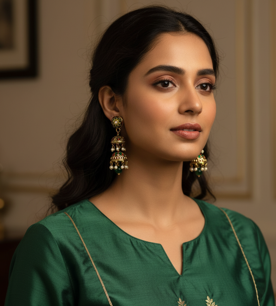 Red Green Floral Meenakari Jhumki Earrings