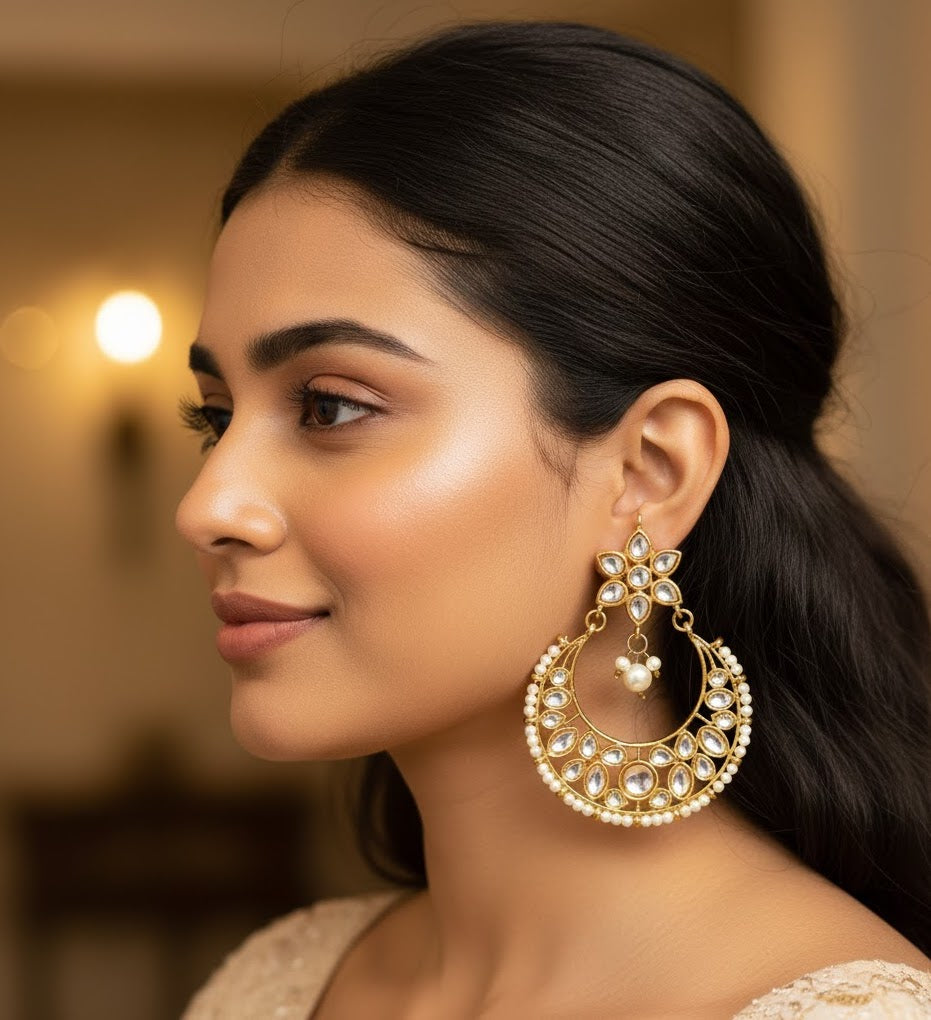 Gold Tone Kundan Chandbali Earrings