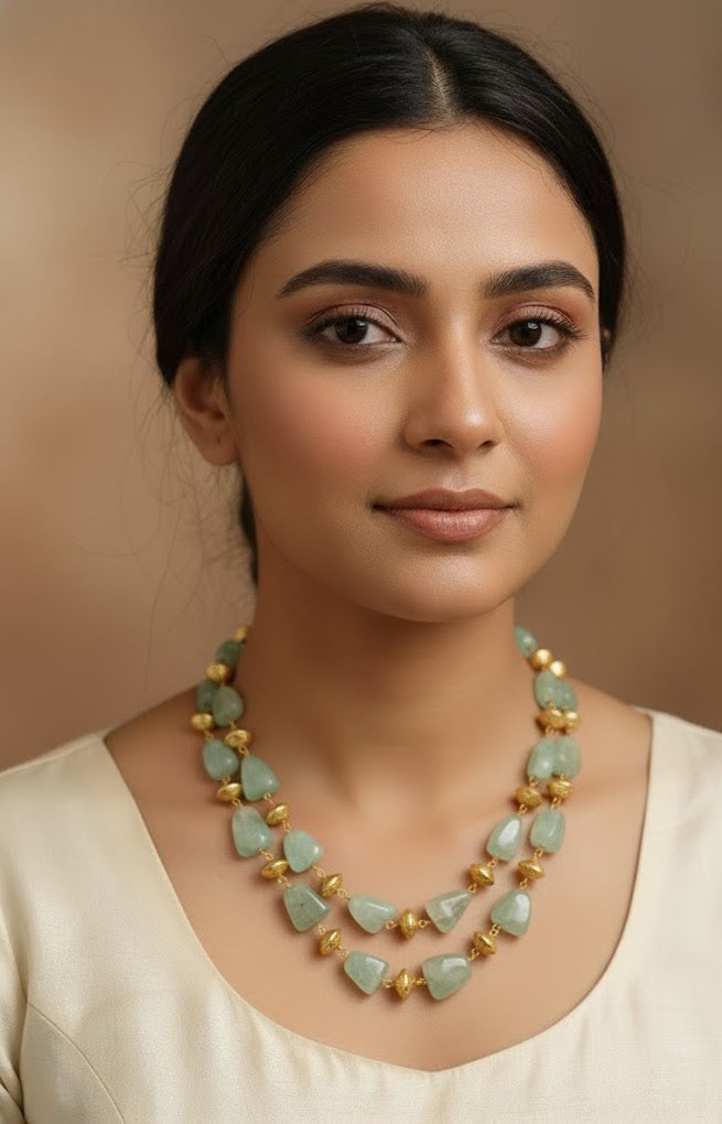 Green Stone Necklace Set With Golden Beads