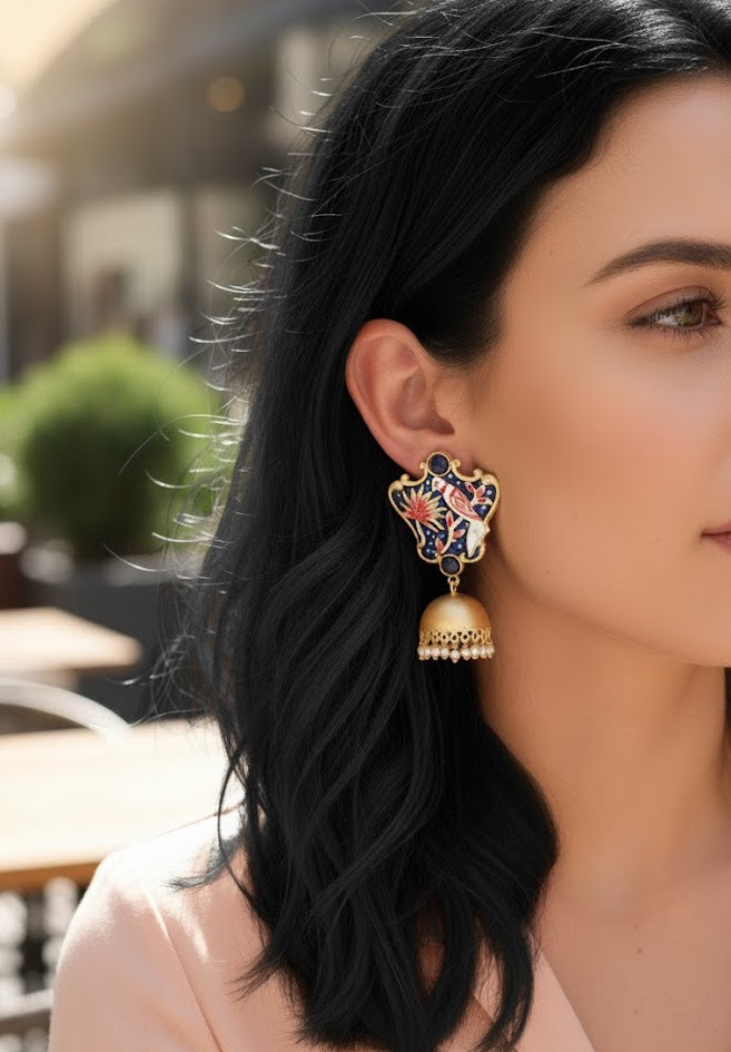 Dark Blue Bird Handpainted Jhumki Earrings