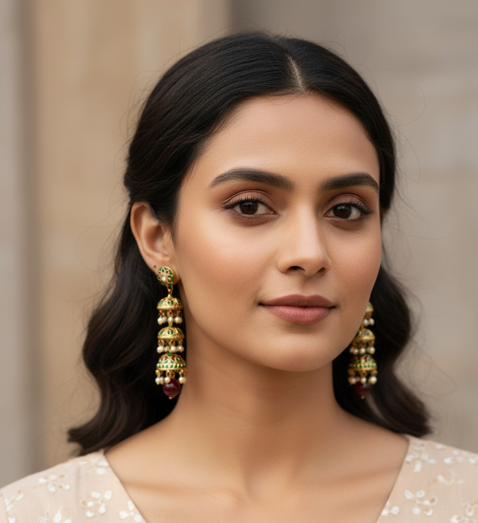 Green Meenakari Floral Layered Jhumki Earrings
