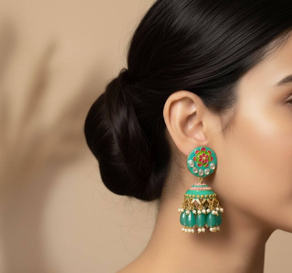 Green Meenakari Jhumki Earrings