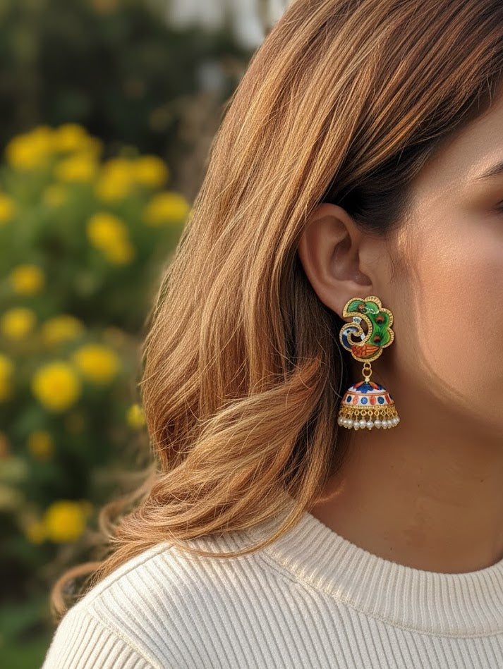 Peacock Handpainted Jhumki Earrings