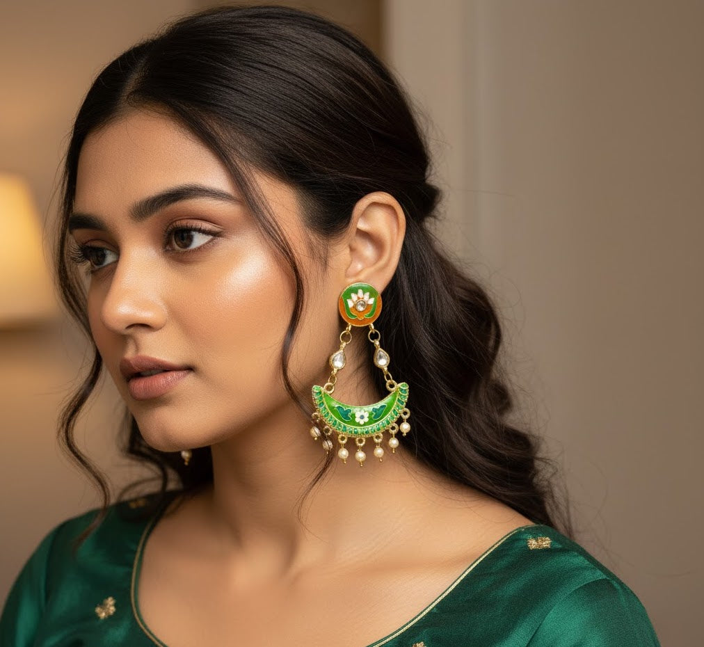 Green Lotus Meenakari Chandbali Earrings