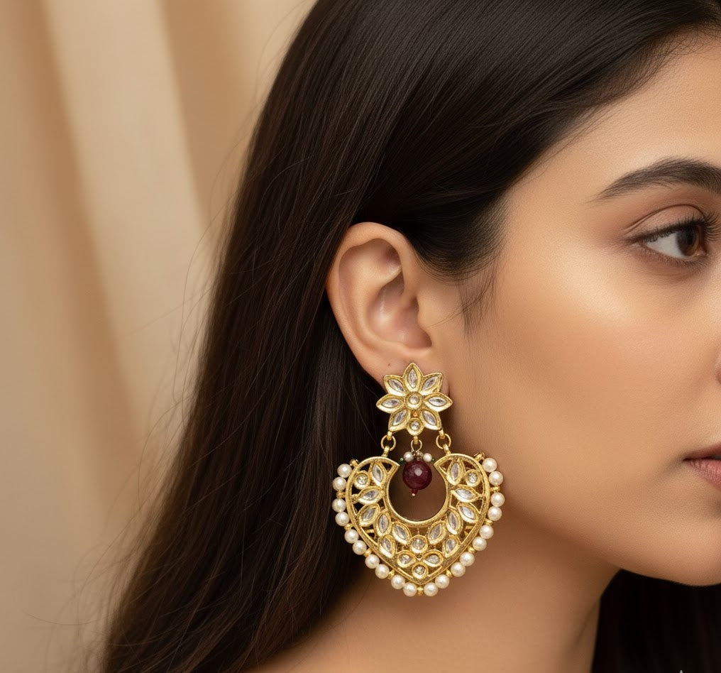 Heart Kundan Chandbali Earrings