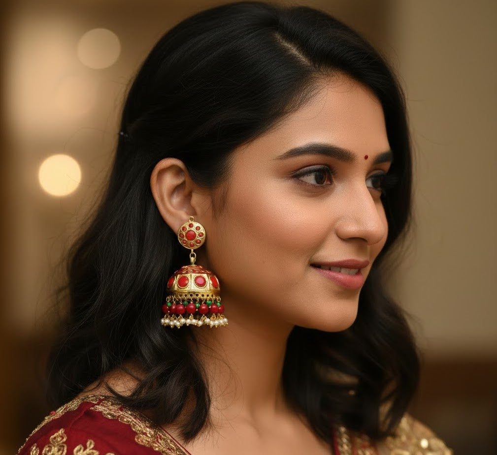 Coral Stone Jadau Jhumki Earrings