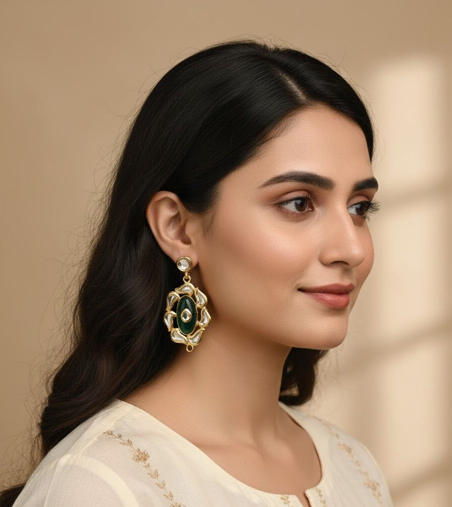 22k Gold Plated Green Stone Kundan Earrings