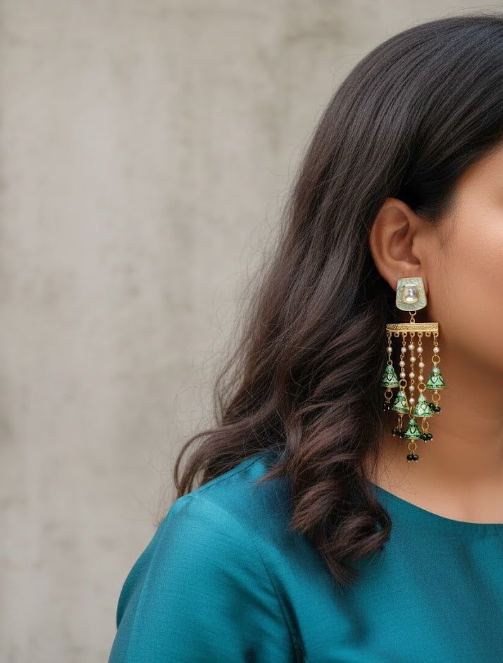 Turquoise Meenakari Long Pearl Earrings