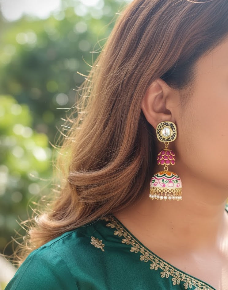 White Handpainted Jhumki Layered Earrings