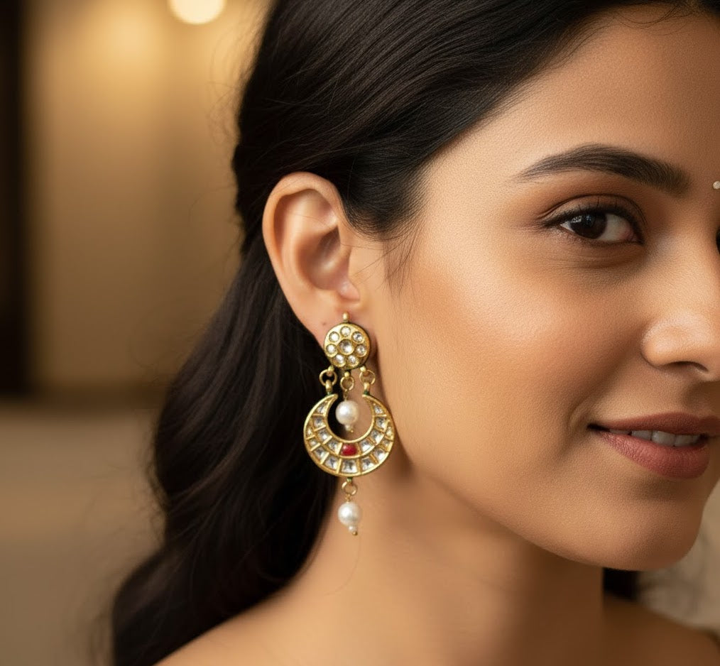 Gold Tone Red Stone Kundan Chandbali Earrings