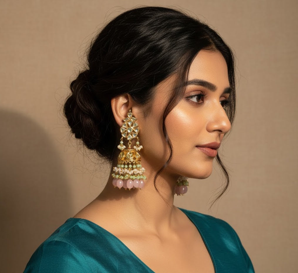 Pink Kundan Jhumka Earrings
