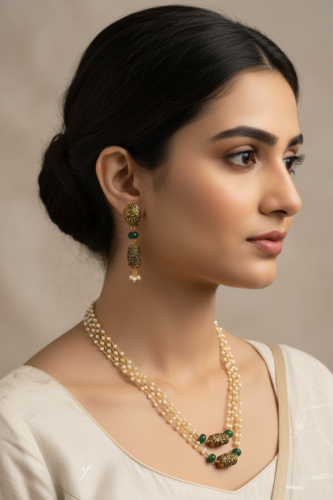 Antique Gold Beaded Pearl Necklace Set