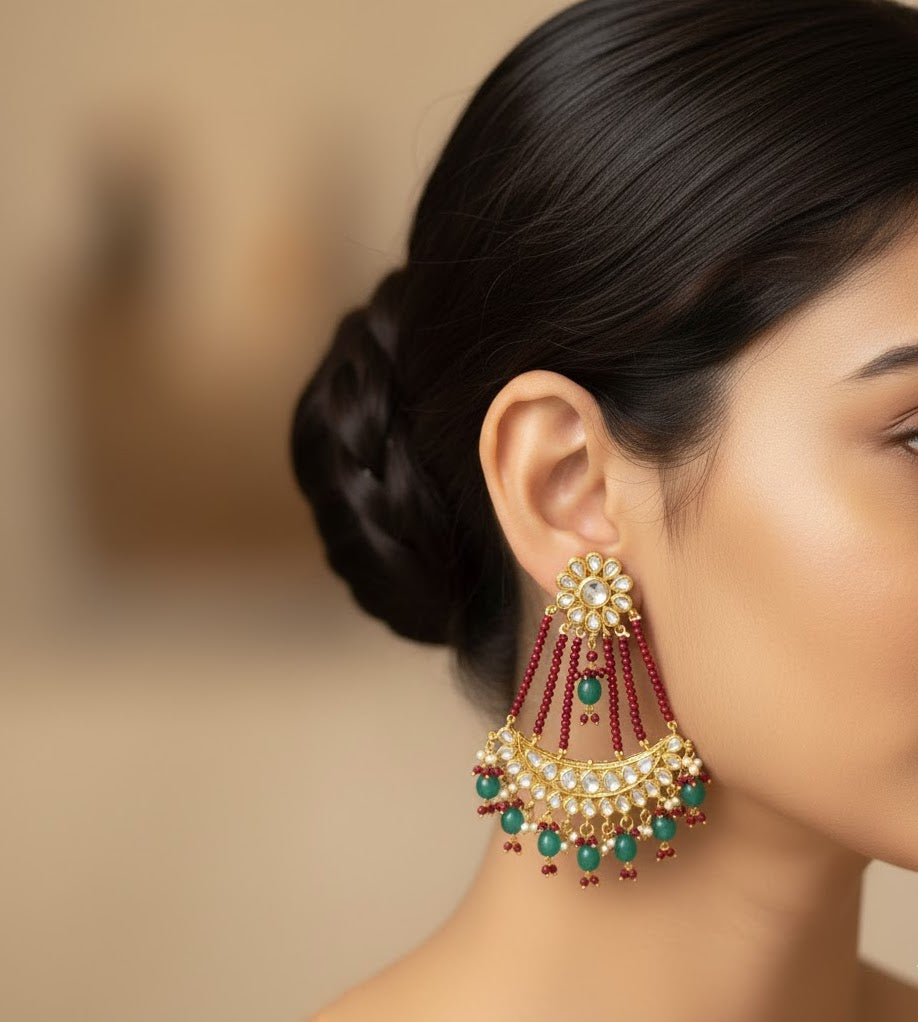 Green Red Beading Kundan Chandbali Earrings