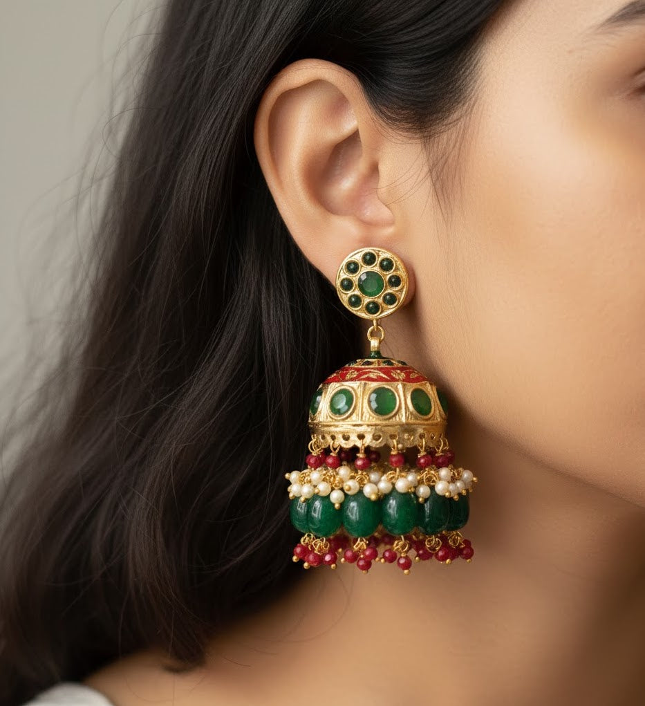 Green Stone Jadau Jhumki Stone Beaded Earrings
