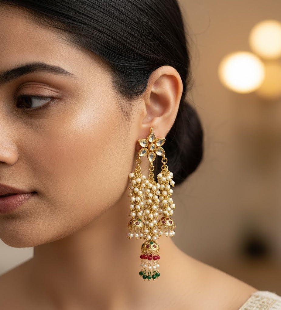 Floral Kundan Pearl Jadau Jhumki Earrings