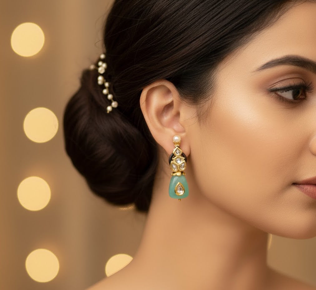 Sea Green Stone Kundan Jadau Earrings