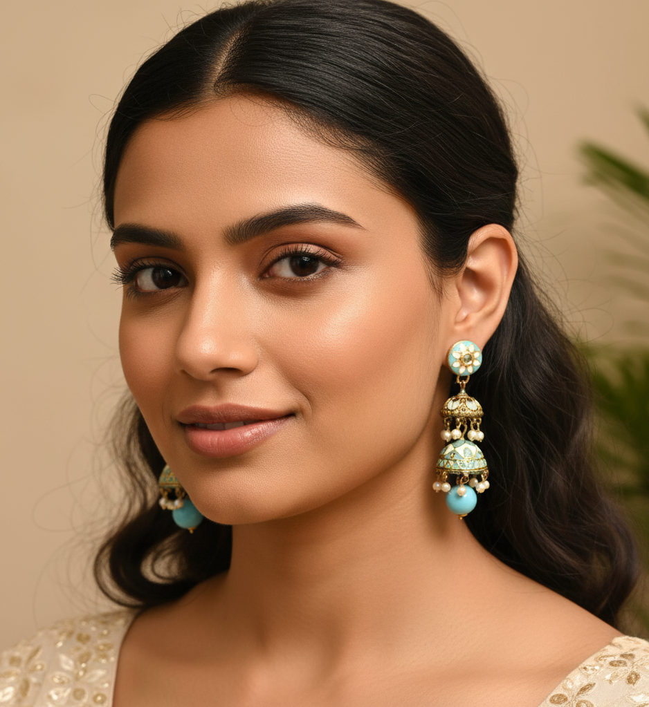 Turquoise Floral Meenakari Jhumki Earrings