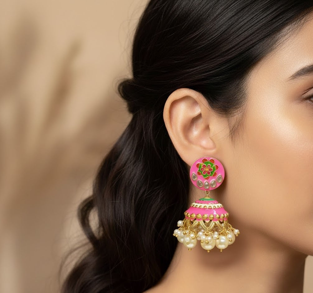 Pink Meenakari Jhumki Earrings
