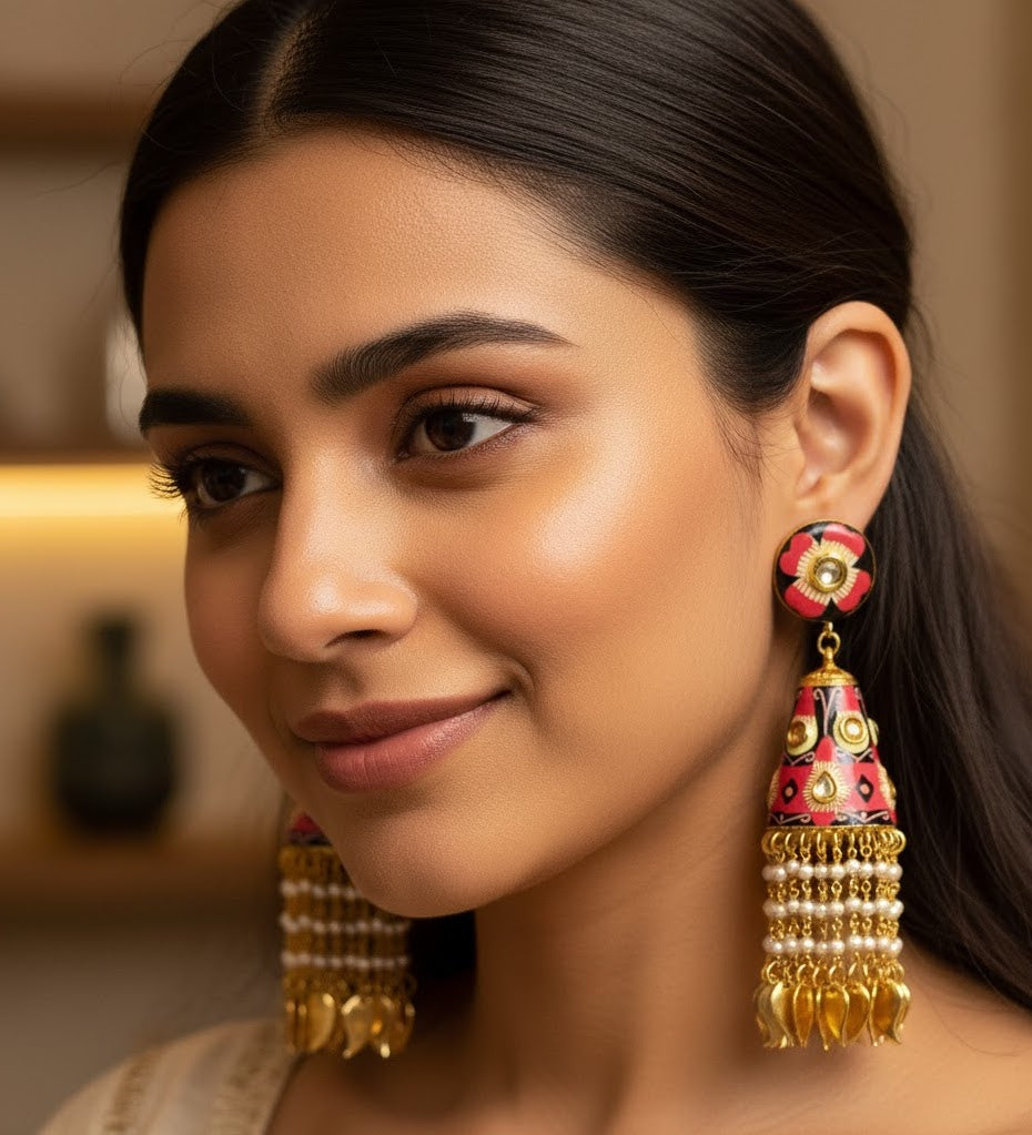 Long Handpainted Jhumki Earrings
