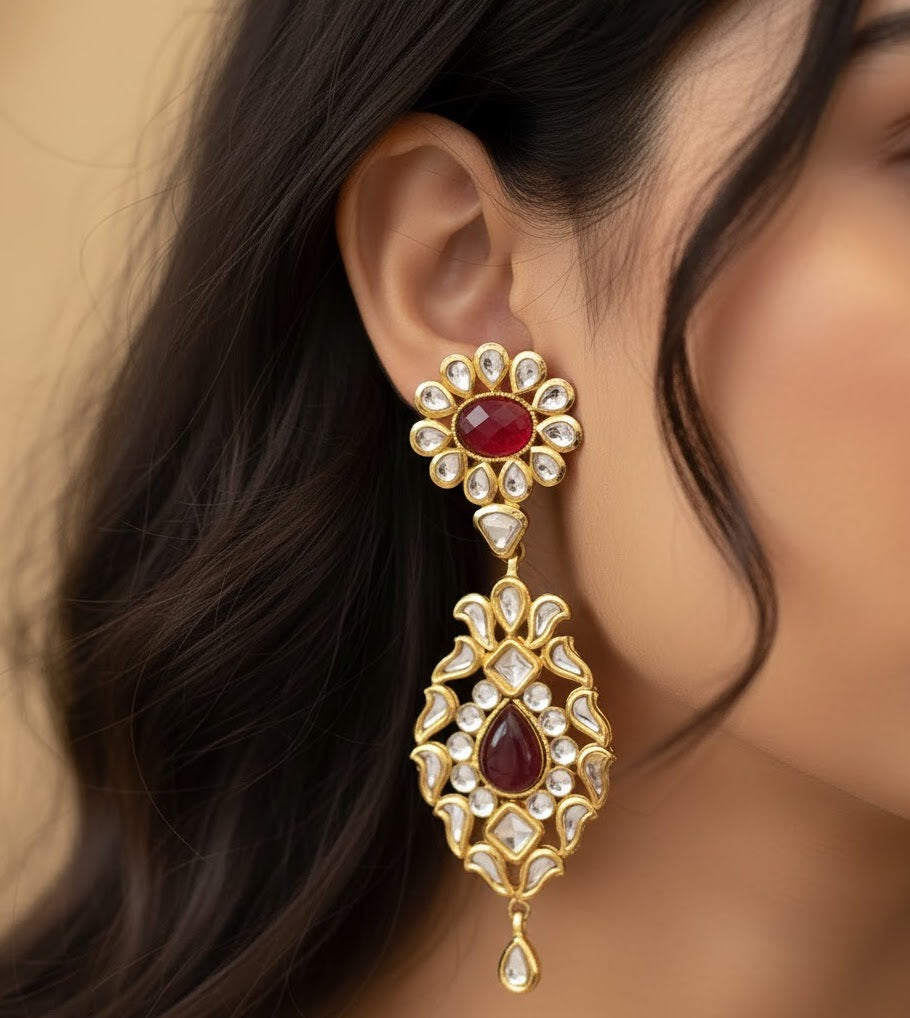 22k Gold Plated Red Stone Kundan Earrings