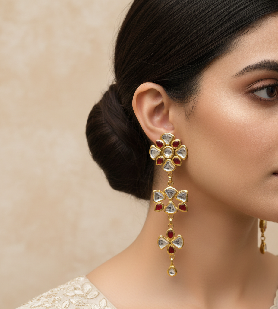 22k Gold Plated Red Long Kundan Earrings