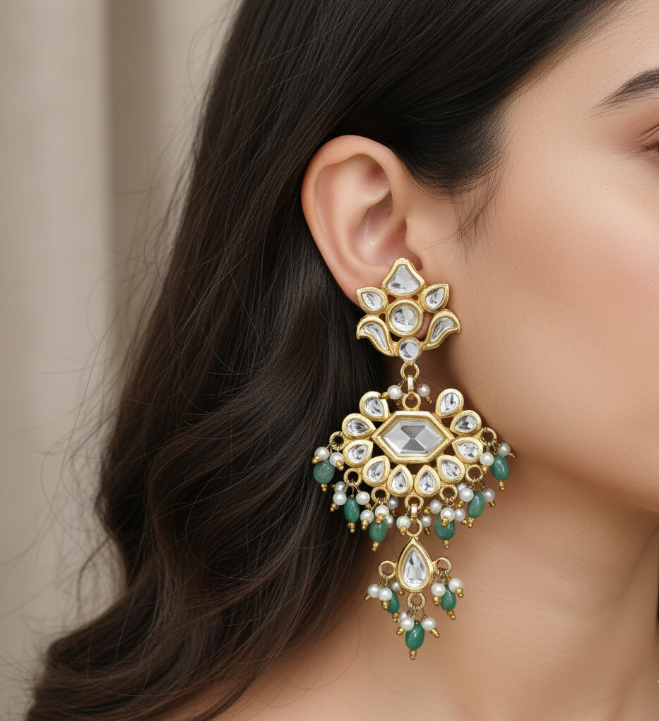 22k Gold Plated Green Stone Kundan Chandbali Earrings