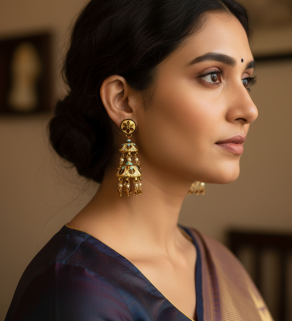 Brown Meenakari Jhumki Layered Earrings