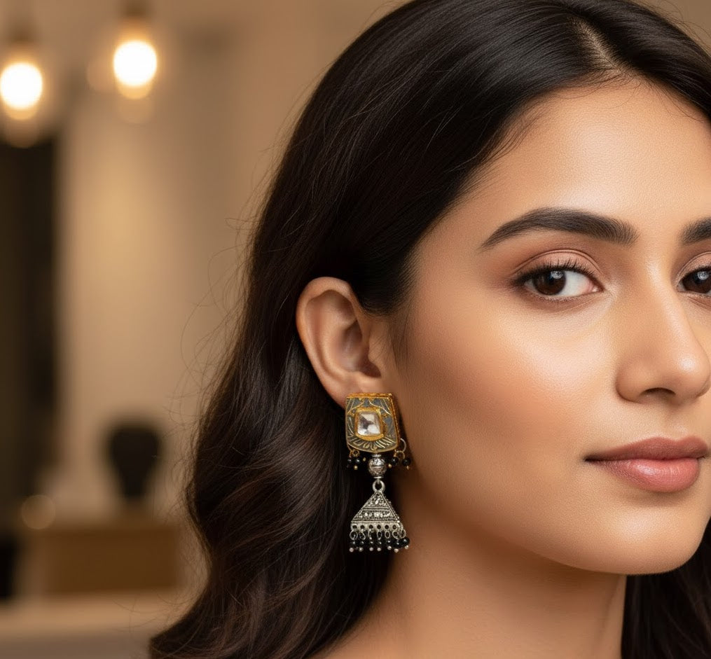 Grey Meenakari Oxidised Silver Jhumki Earrings