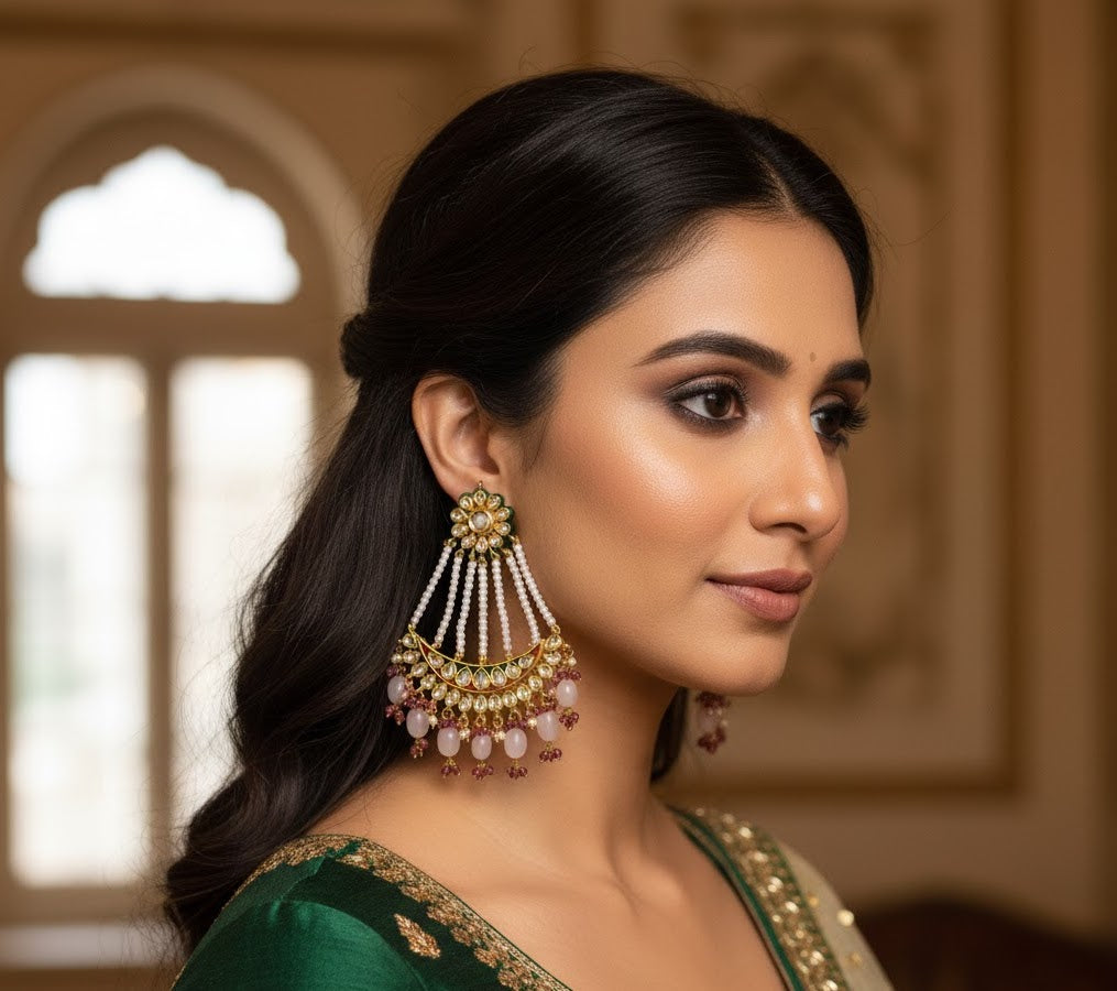 Pink Kundan Meenakari Chandbali Earrings