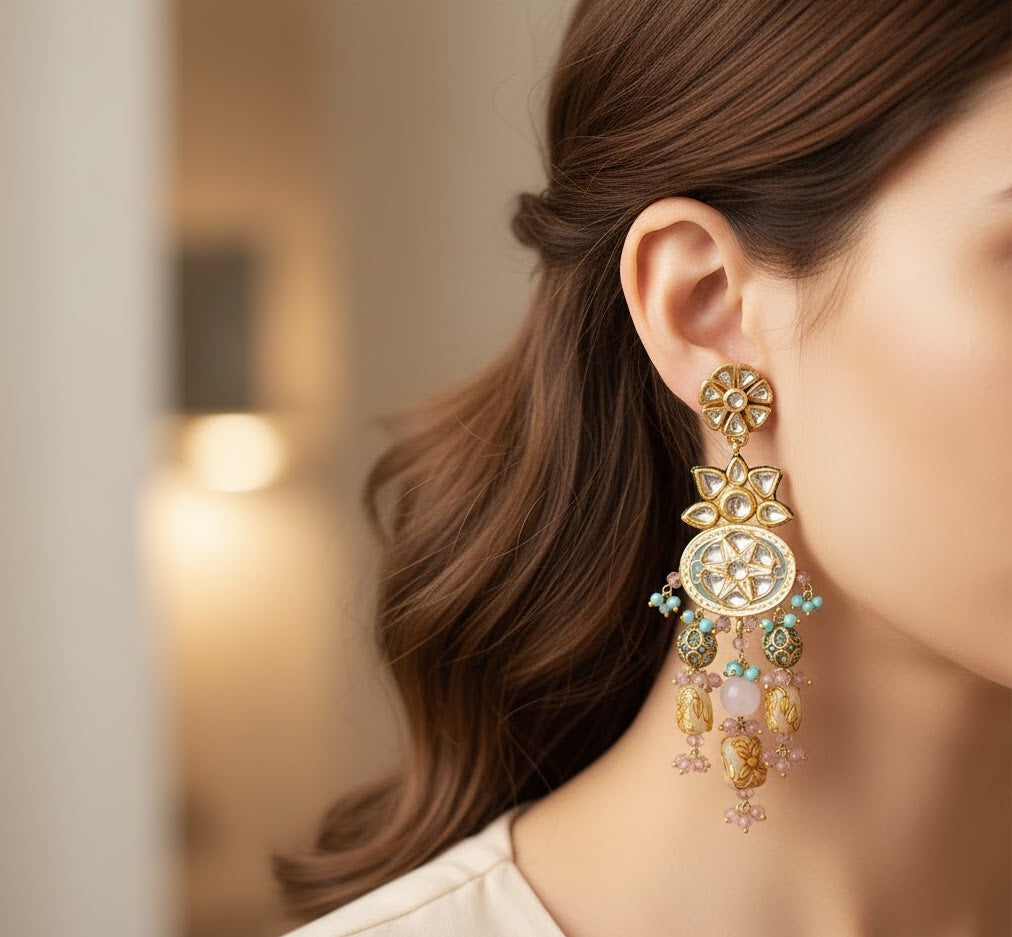 Pink Kundan Meenakari Earrings