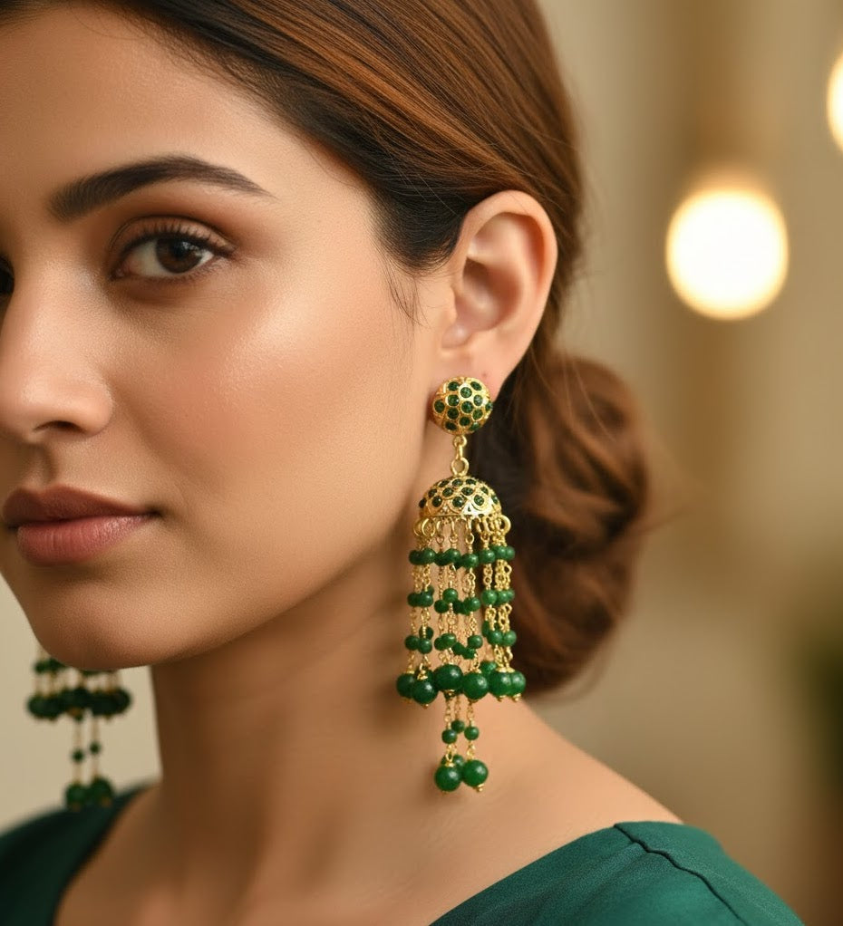 Green Jadau Jhumki Earrings