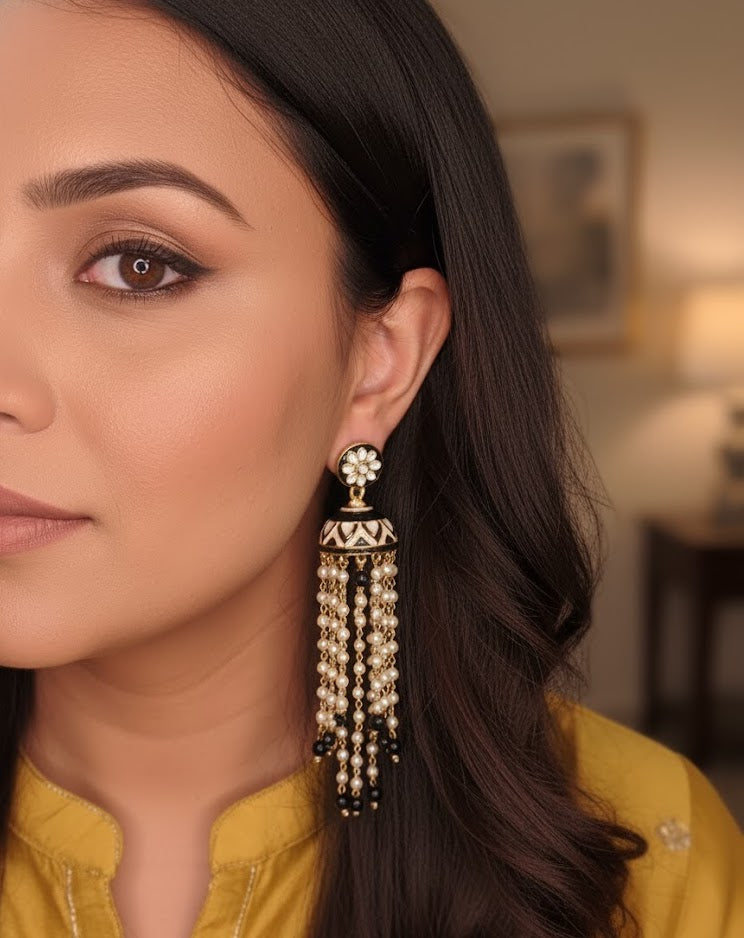 Black Meenakari Long Pearl Jhumki Earrings