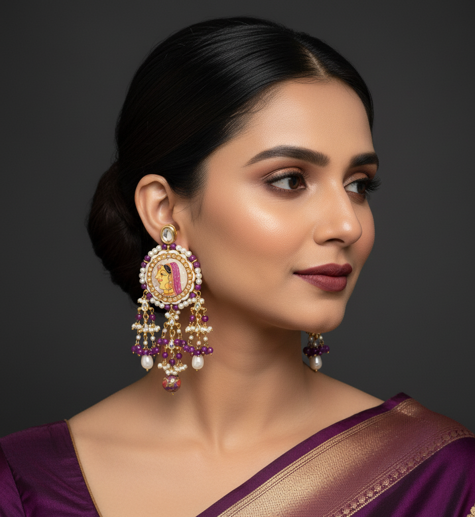 Purple Mughal Hand Painted Long Earrings