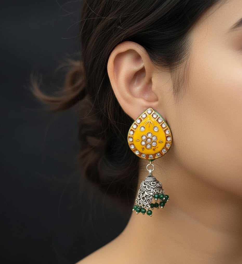 Yellow Meenakari Oxidised Silver Jhumki Earrings