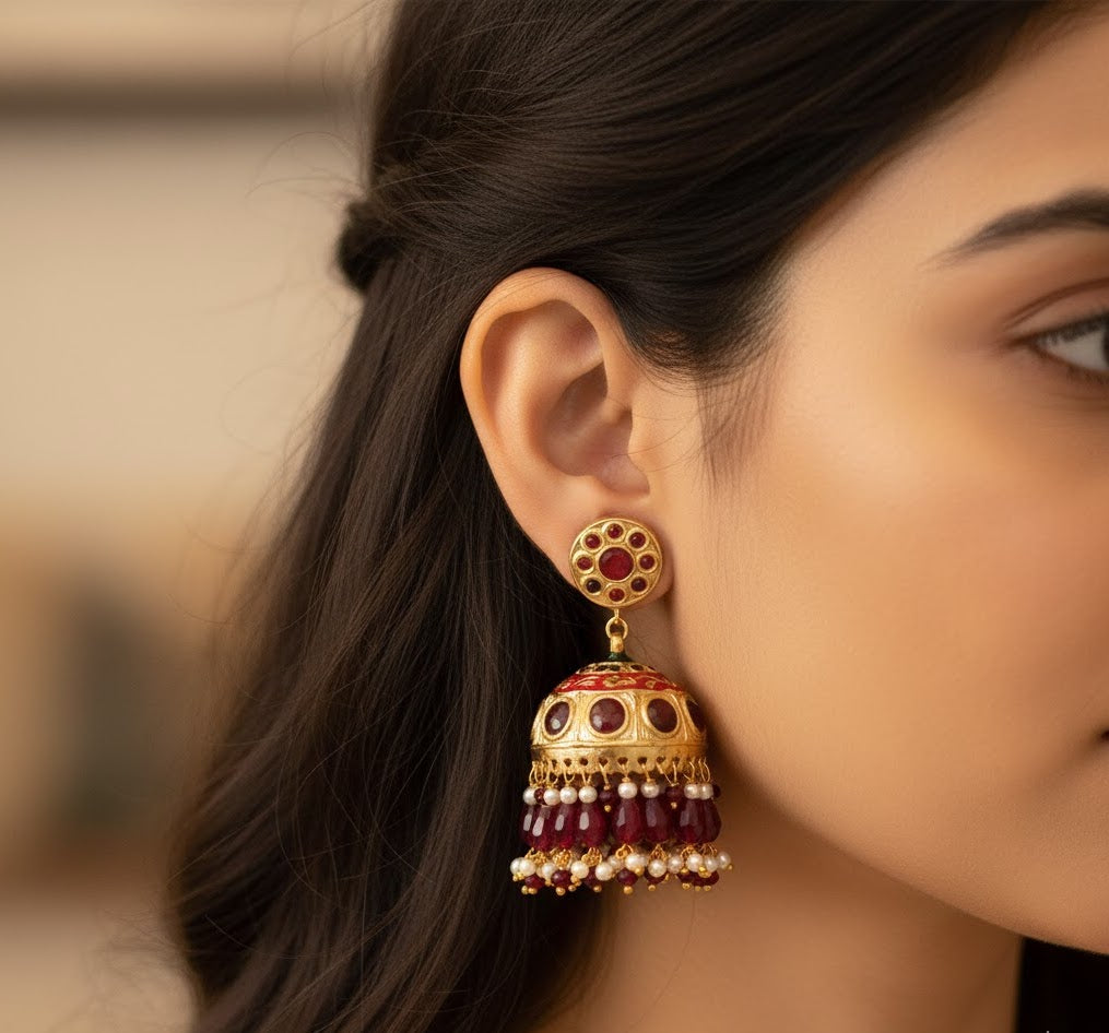 Maroon Stone Jadau Jhumki Earrings