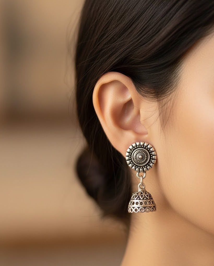Floral Oxidized Jhumki Earrings