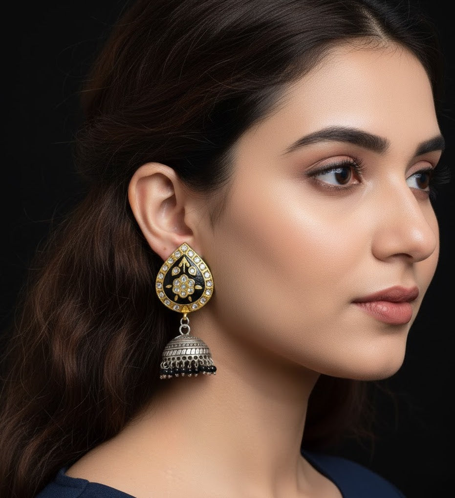 Black Meenakari Oxidised Jhumki Earrings