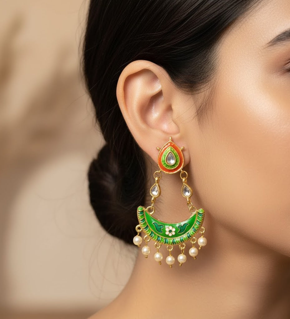 Green Light Weight Meenakari Earrings