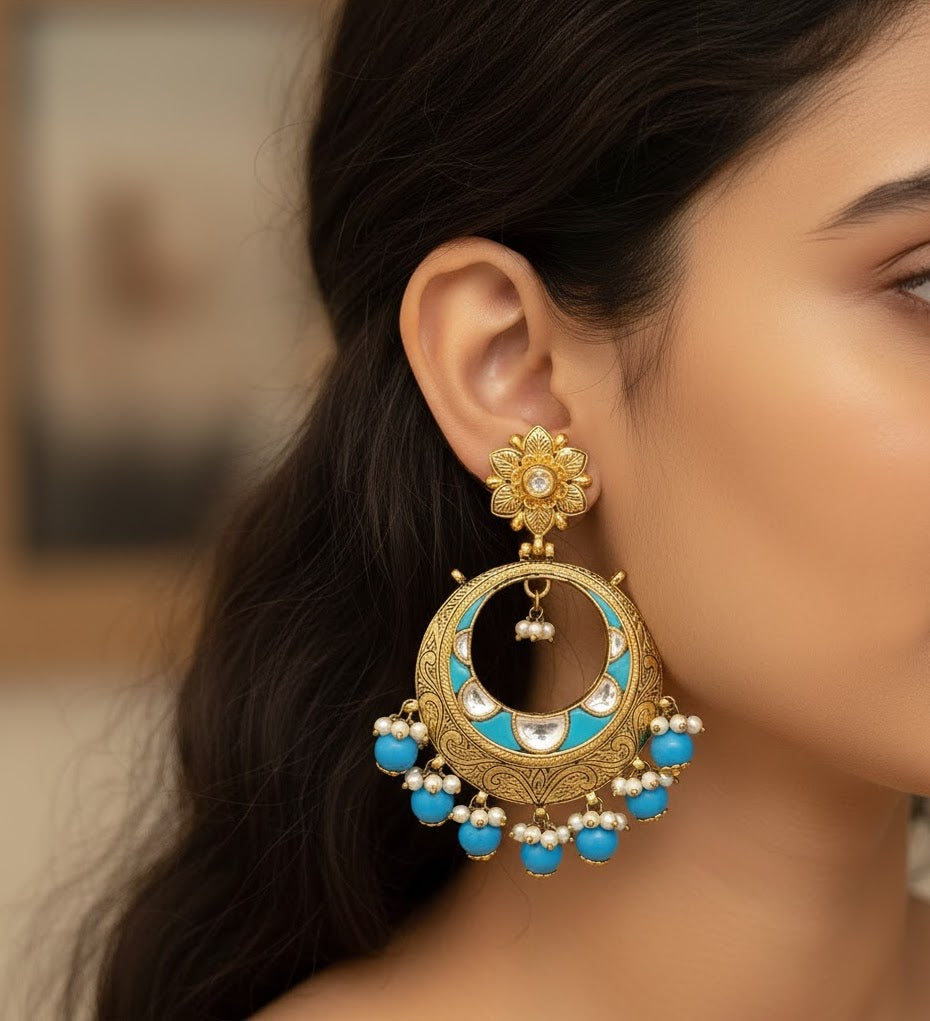 Antique Turquoise Meenakari Chandbali Earrings