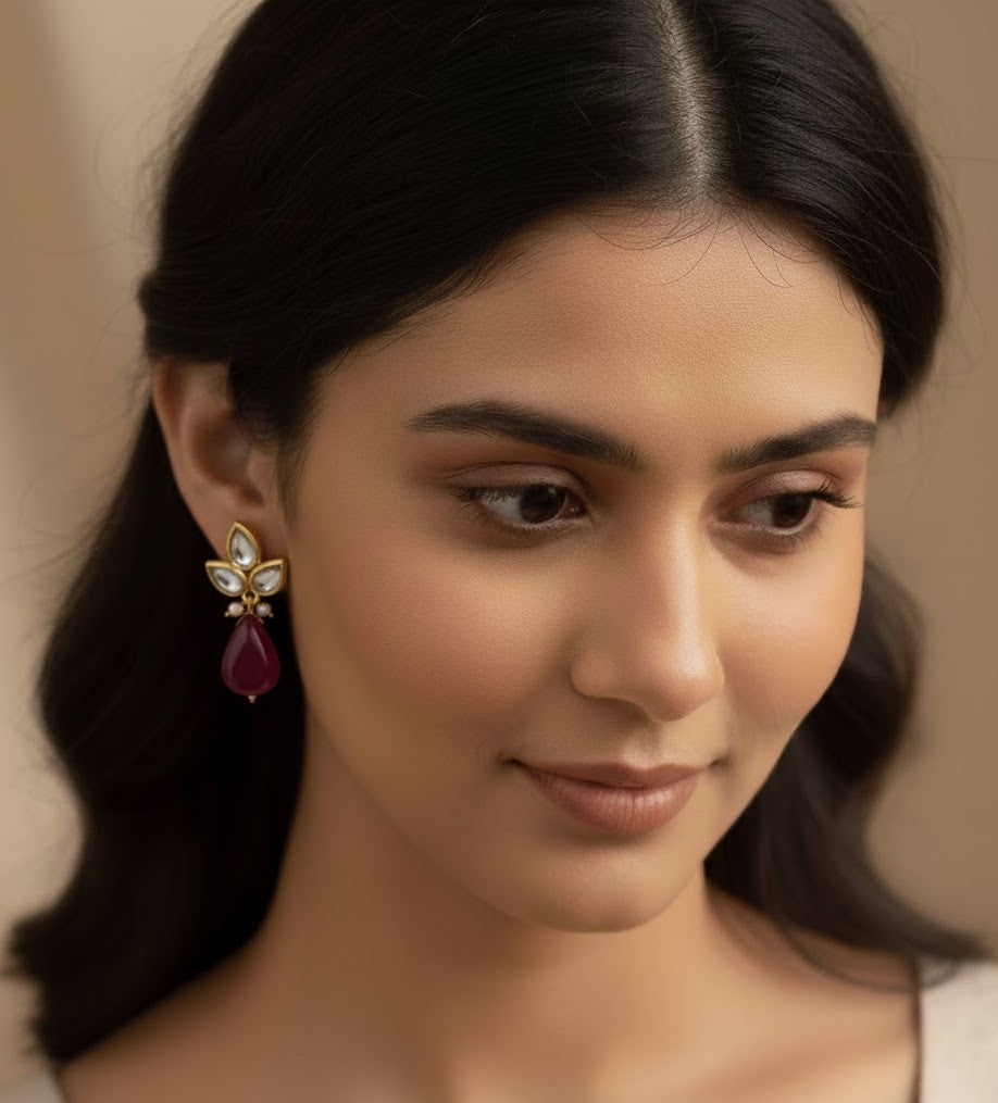 22k Gold Plated Maroon Drop Kundan Earrings