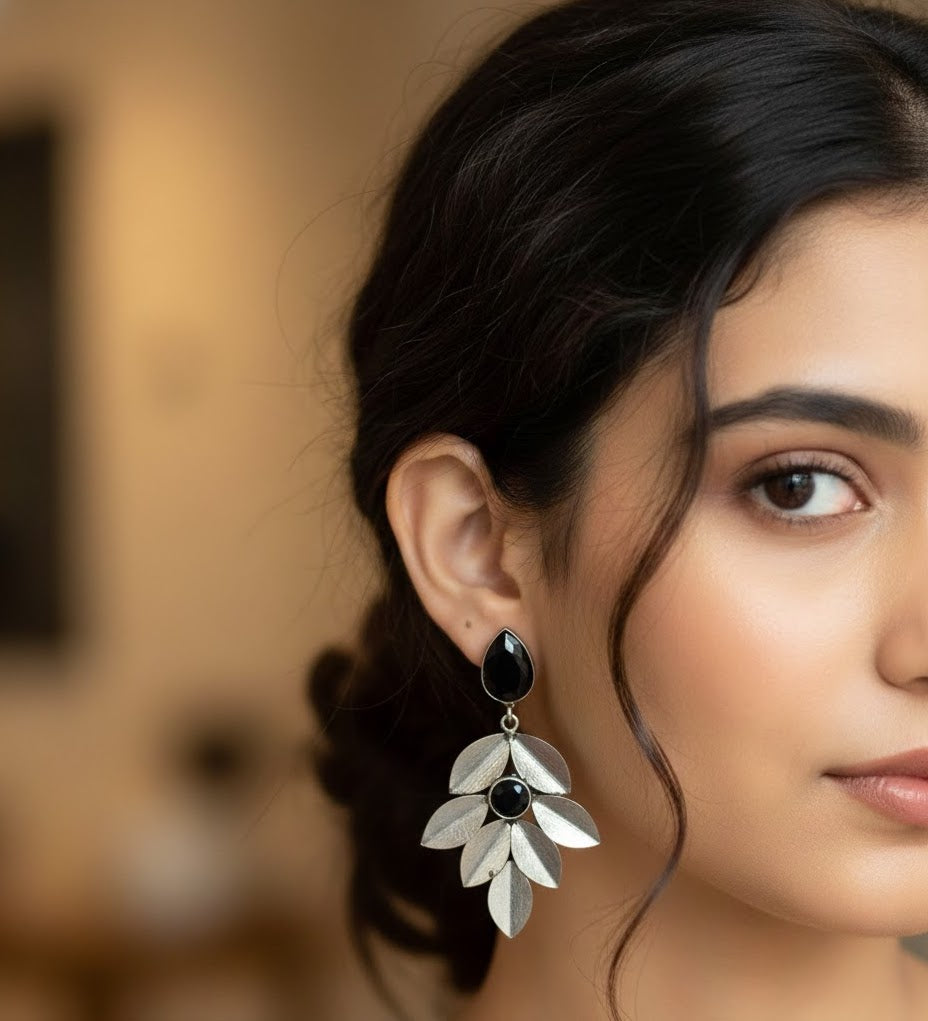 Black Stone Leaf Oxidised Earrings