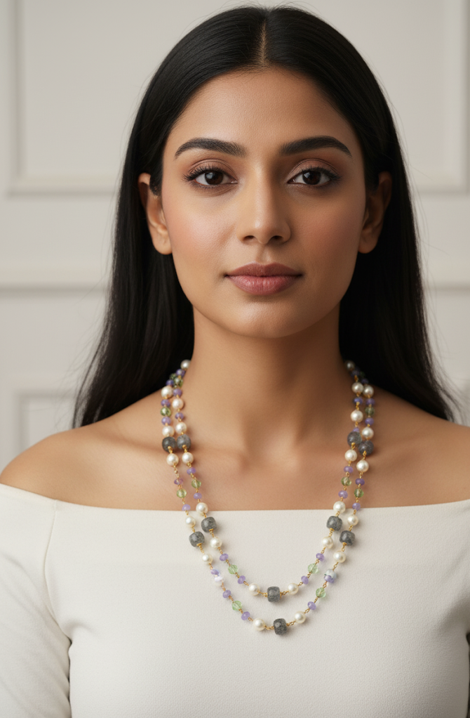 Designer Stone Double Layered Beads Pearl Long Mala