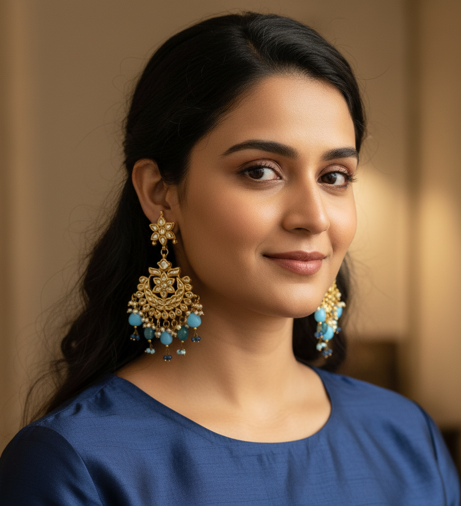 Turquoise Kundan Chandbali Earrings