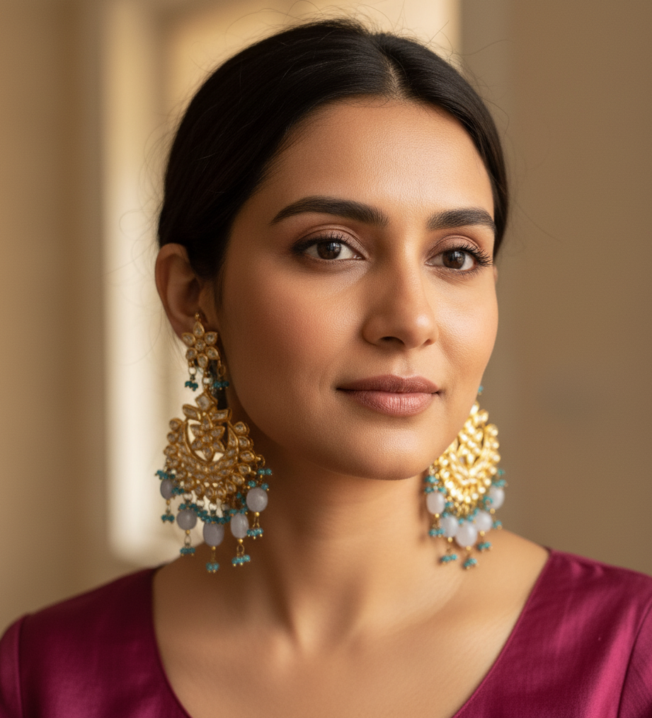 Blue Kundan Chandbali Earrings