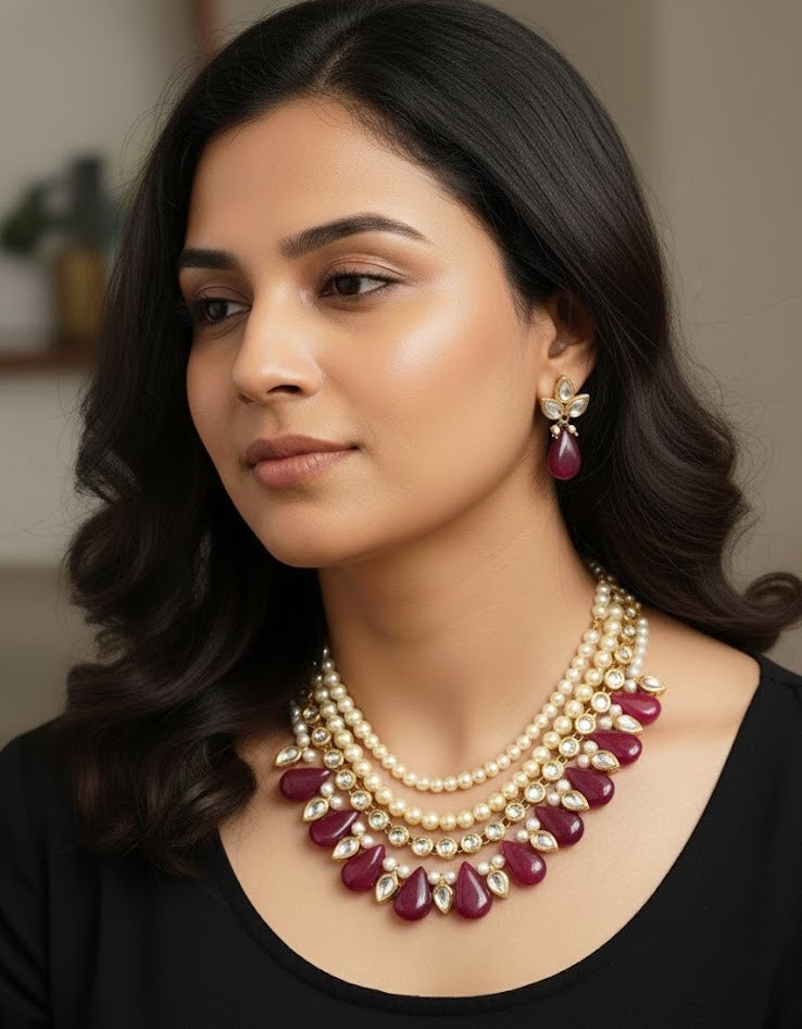 Ruby Beaded Pearl Kundan Necklace Set With Earrings