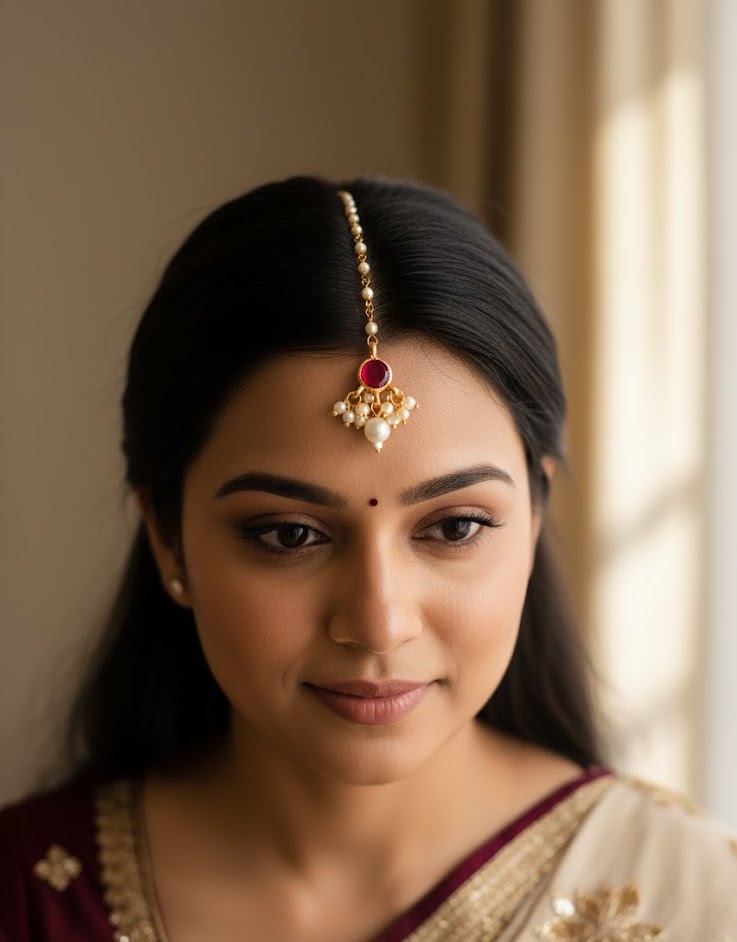 Red Round Stone Pearl Beaded Maang Tikka