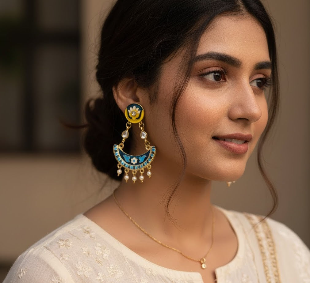 Yellow Lotus Blue Meenakari Chandbali Earrings