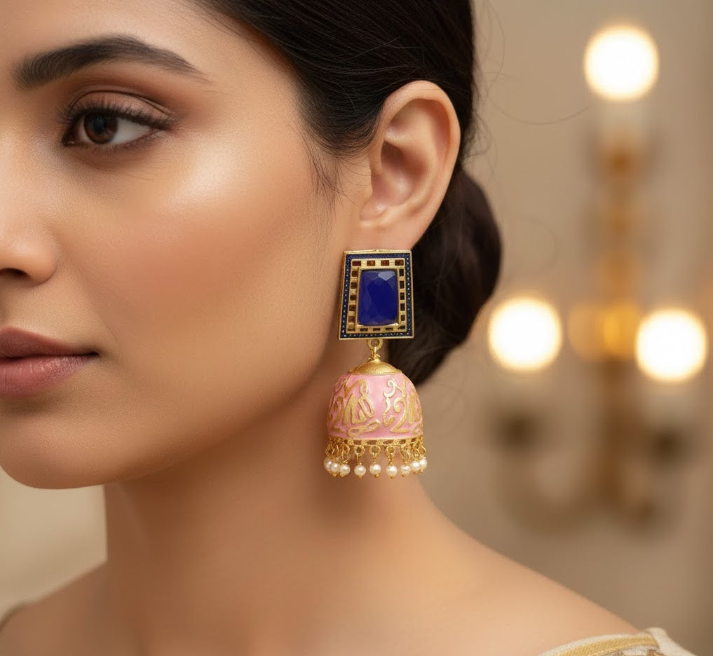Blue Stone  Pink Meenakari Jhumki Earrings