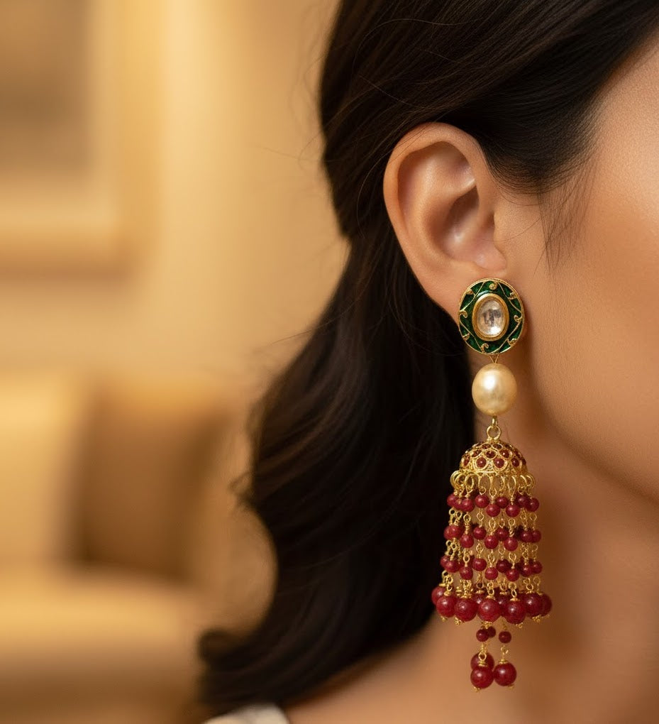 Red Jadau Long Earrings